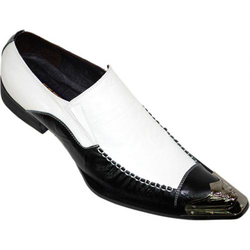 Fiesso White/Black Pointed Toe Leather Shoes With Metal Tip FI8226